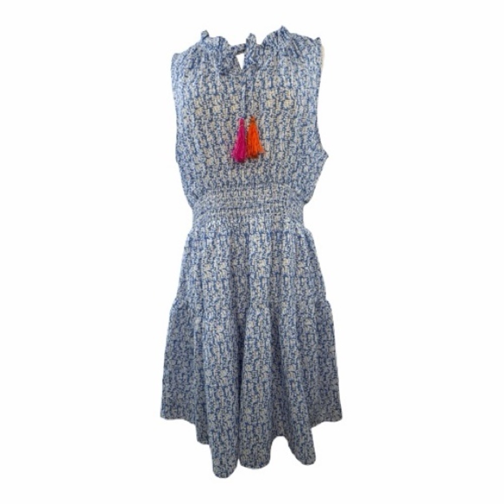 THML Dress XL sleeveless Blue White Midi Dress with Tassels